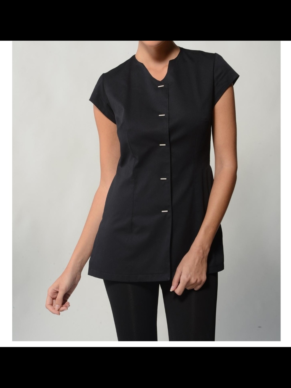 Monique Mathieu Lina ScrubTop Black Cap-Sleeve Button-Front Top